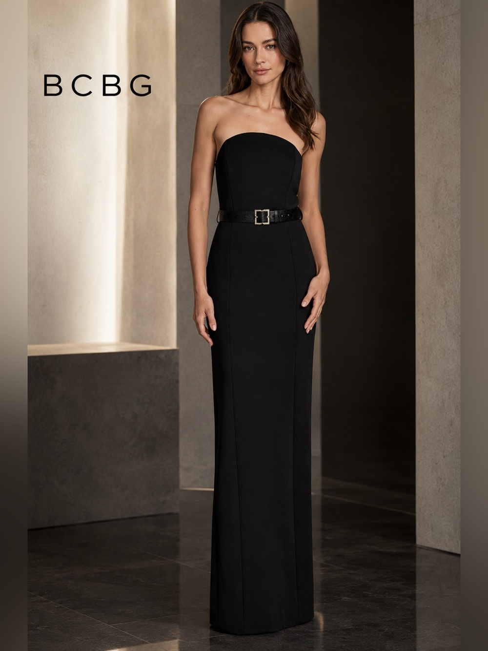 BCBG BD5M1393 Black Strapless Scuba Belted Maxi Gown Dress Size 10 NWT